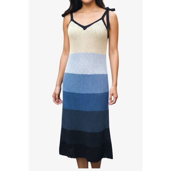 NEW Zara Knit Crochet Midi Dress M Color Block Cream Blue Bow NWT V Neck Bow - Picture 1 of 10